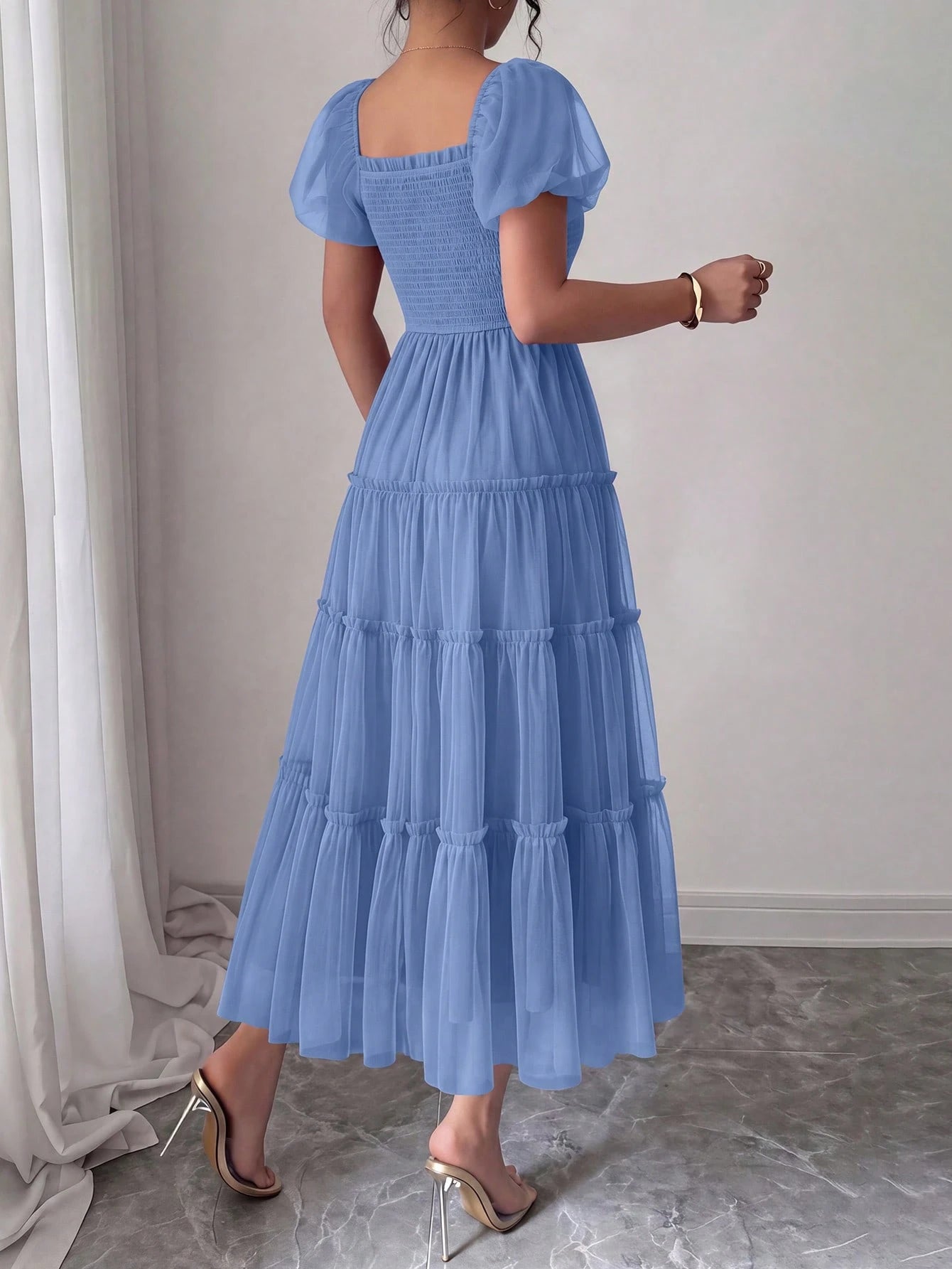 PRETTYGARDEN Women's Summer Smocked Midi Tulle Dress Puffy Short Sleeve Square Neck Ruffle Wedding Guest - image 8