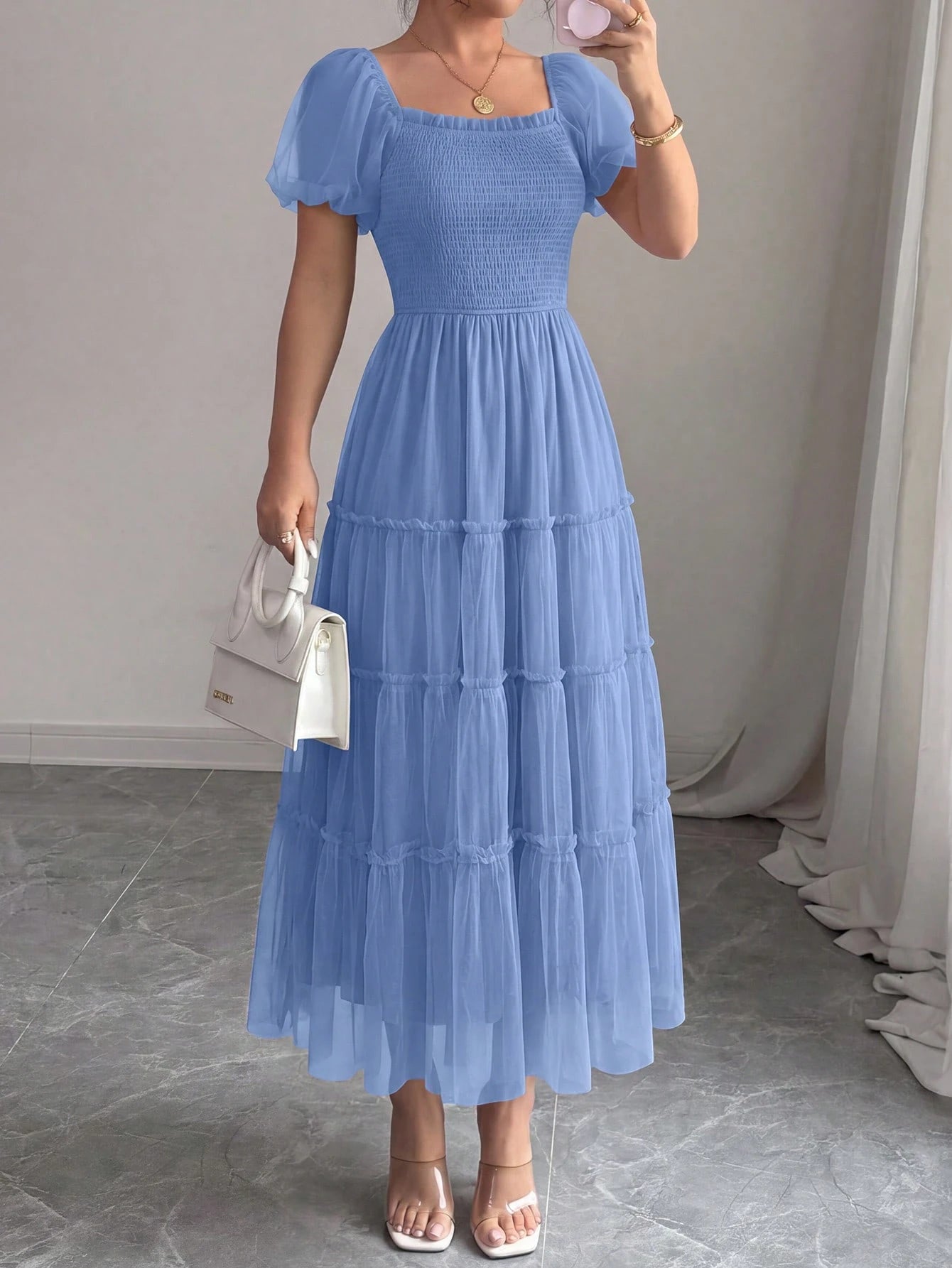 PRETTYGARDEN Women's Summer Smocked Midi Tulle Dress Puffy Short Sleeve Square Neck Ruffle Wedding Guest - image 17