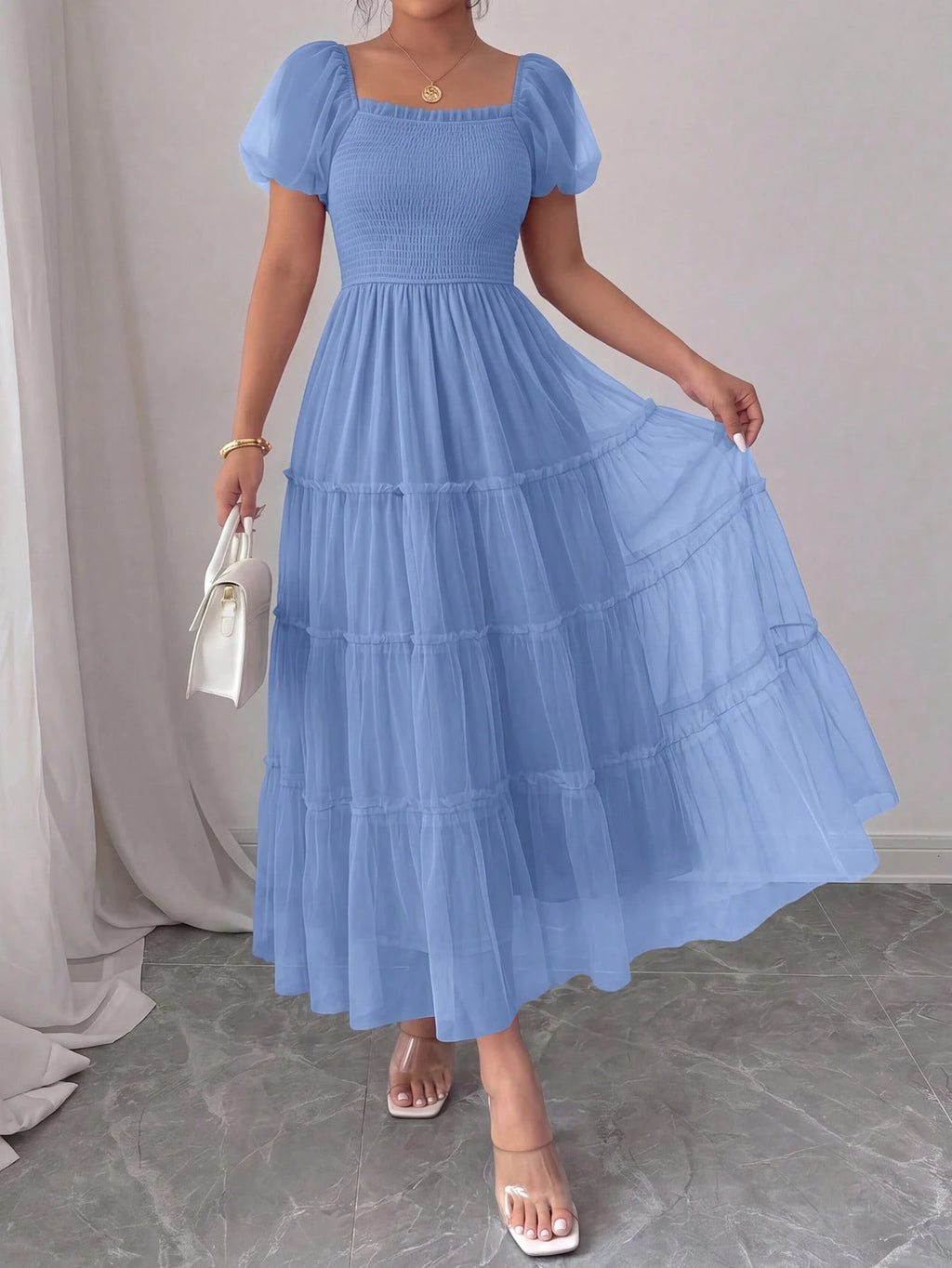 PRETTYGARDEN Women's Summer Smocked Midi Tulle Dress Puffy Short Sleeve Square Neck Ruffle Wedding Guest - image 10