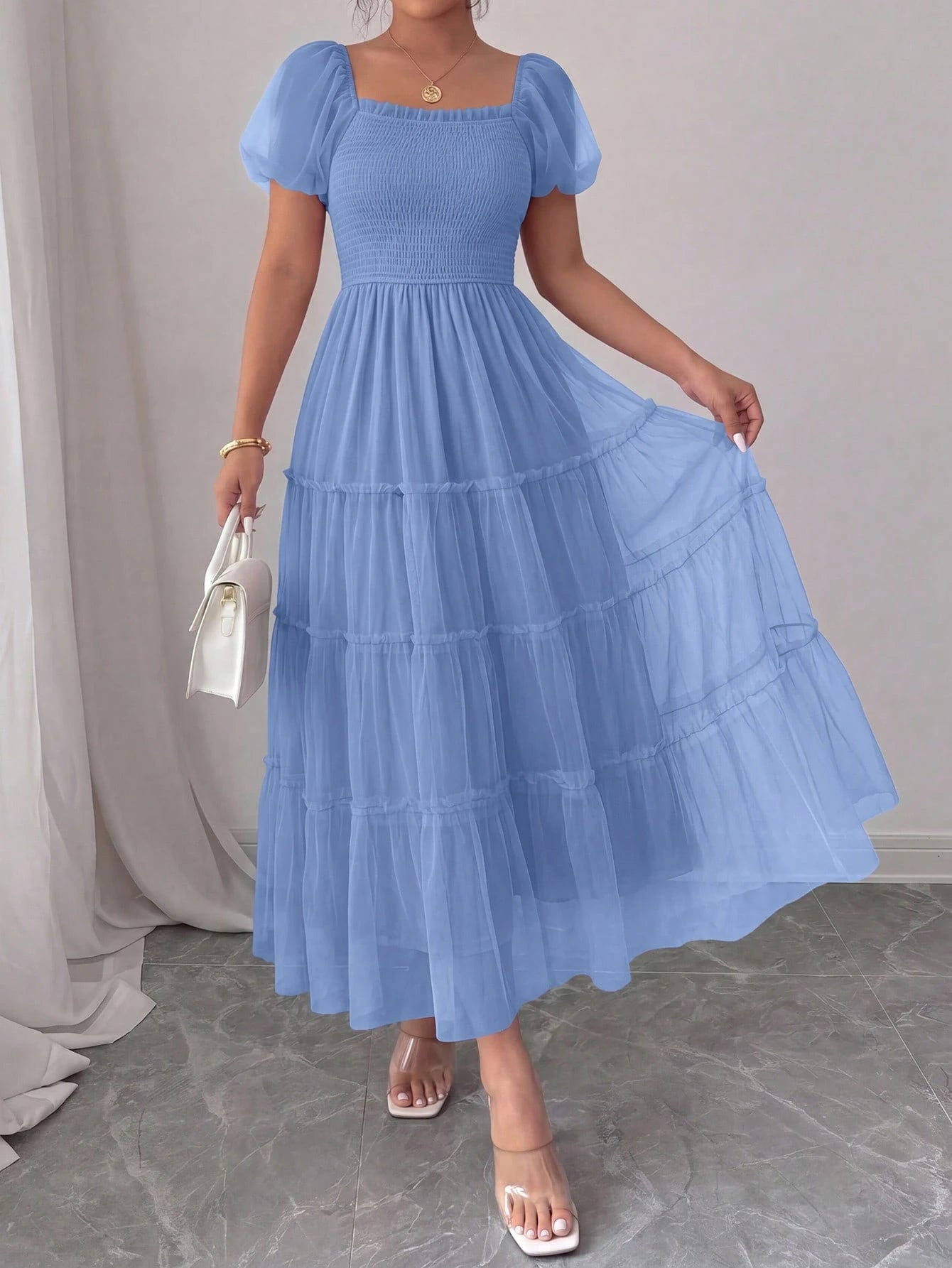 PRETTYGARDEN Women's Summer Smocked Midi Tulle Dress Puffy Short Sleeve Square Neck Ruffle Wedding Guest - image 10