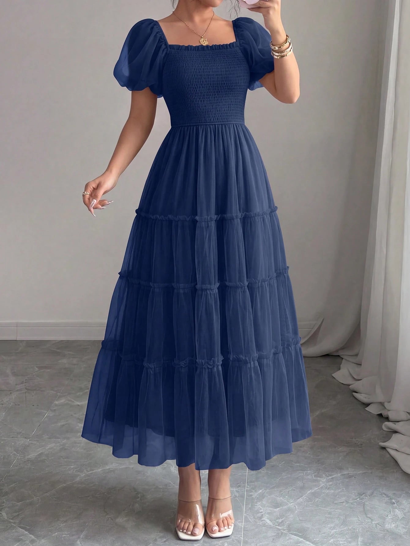 PRETTYGARDEN Women's Summer Smocked Midi Tulle Dress Puffy Short Sleeve Square Neck Ruffle Wedding Guest - image 19