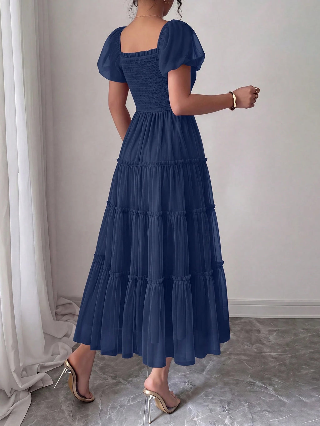 PRETTYGARDEN Women's Summer Smocked Midi Tulle Dress Puffy Short Sleeve Square Neck Ruffle Wedding Guest - image 20