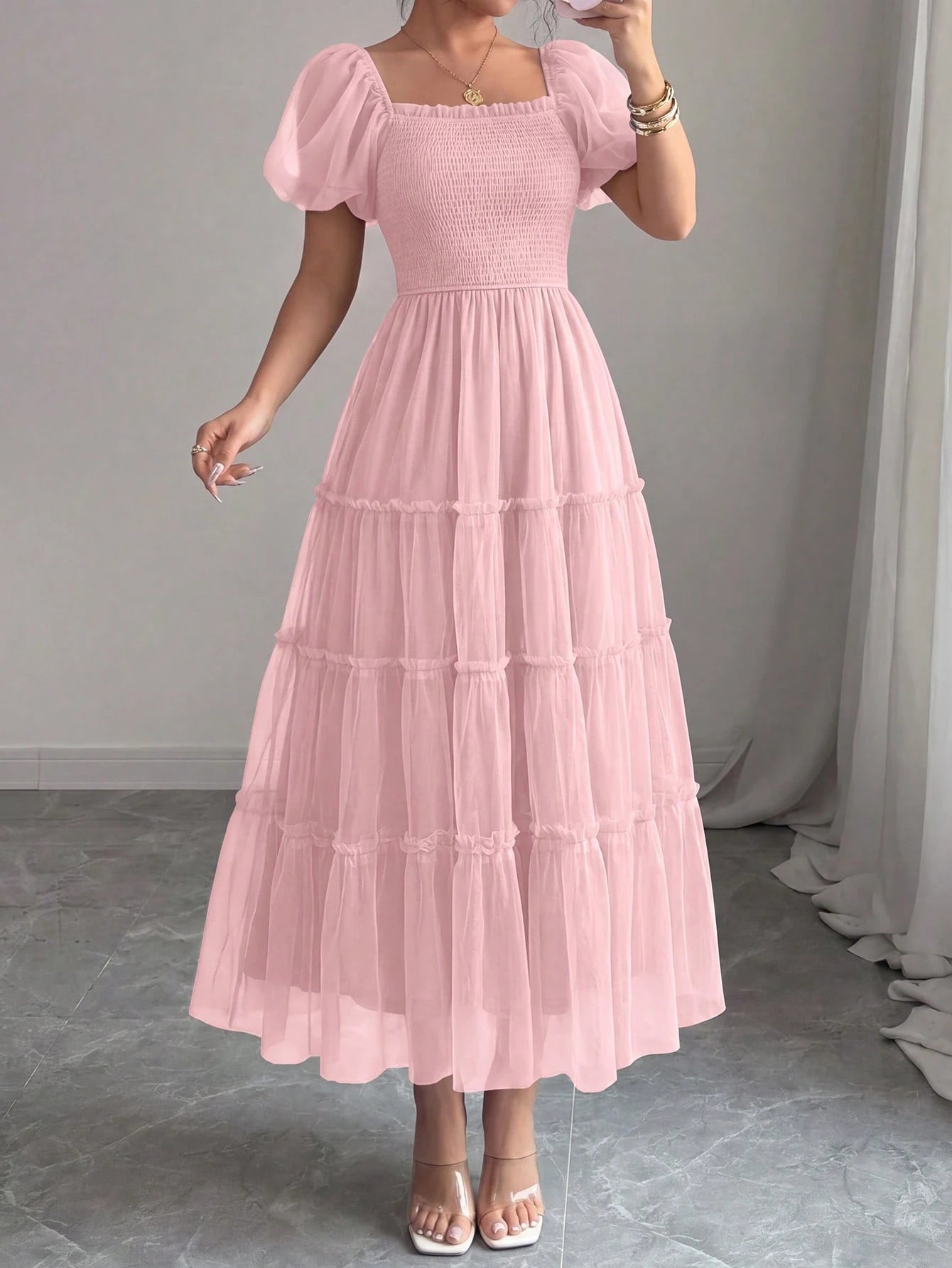 PRETTYGARDEN Women's Summer Smocked Midi Tulle Dress Puffy Short