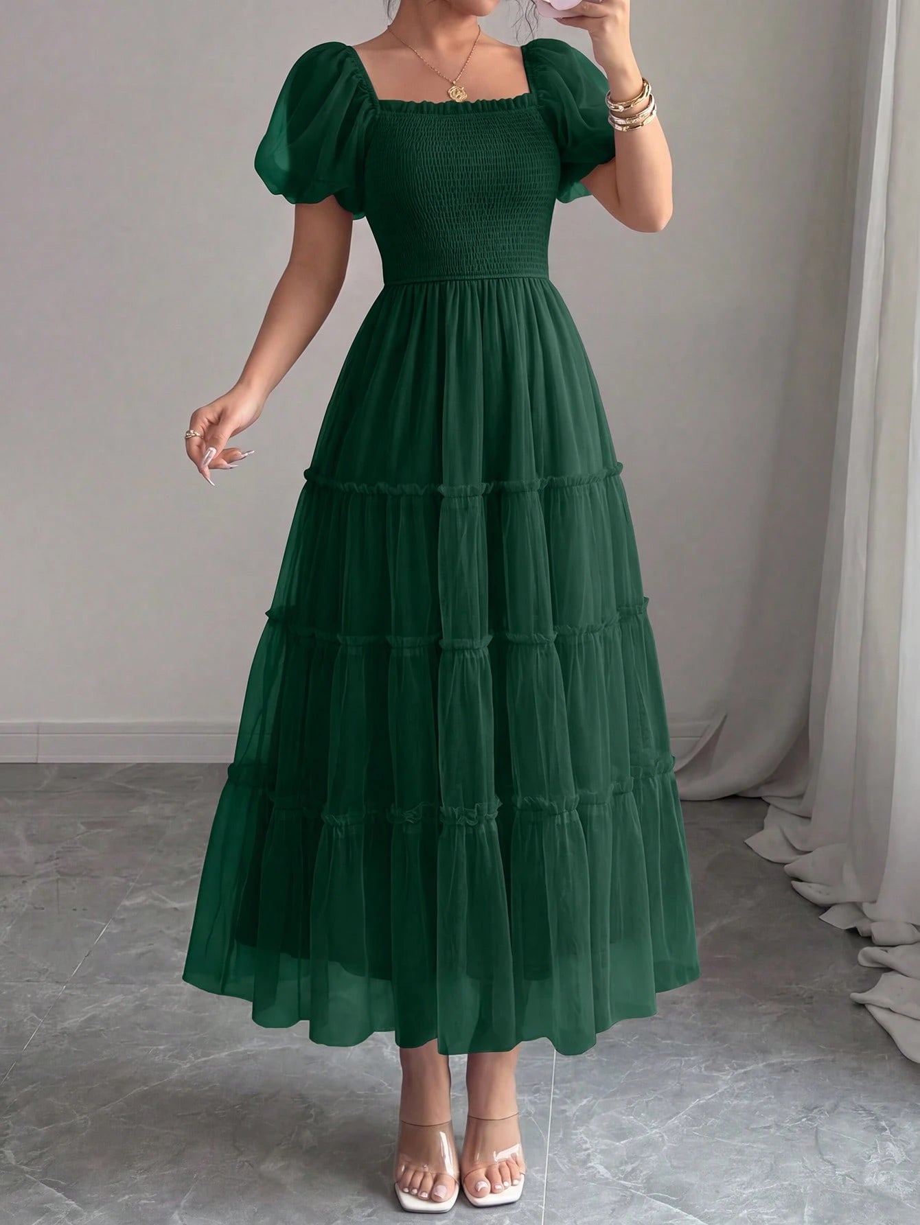 PRETTYGARDEN Women's Summer Smocked Midi Tulle Dress Puffy Short