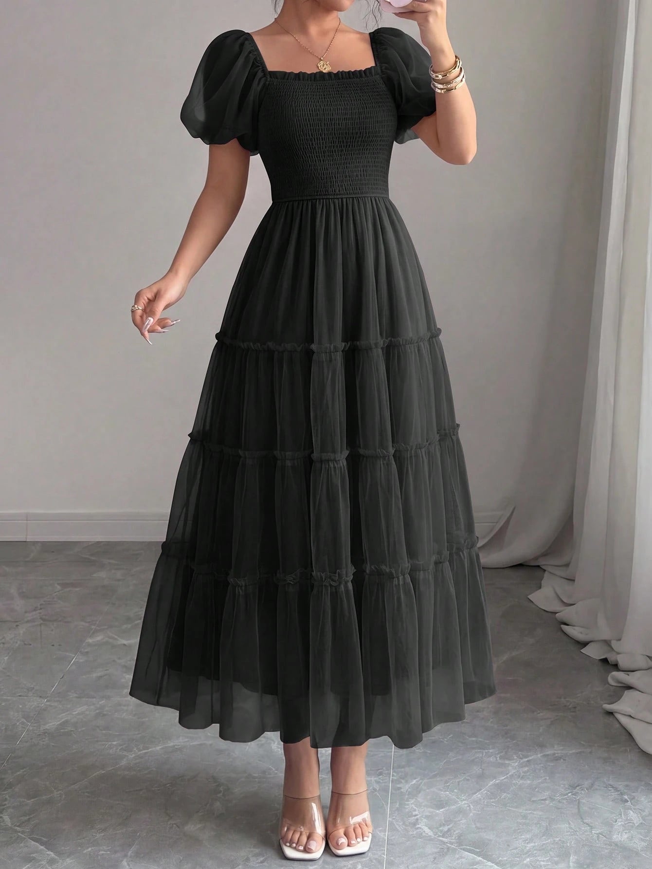 PRETTYGARDEN Women's Summer Smocked Midi Tulle Dress Puffy Short