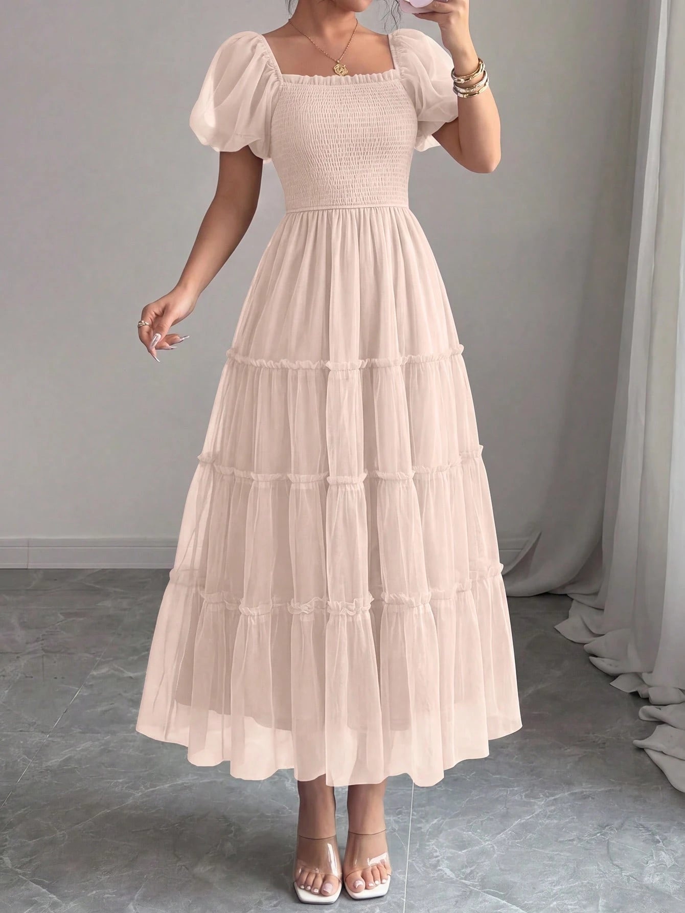 PRETTYGARDEN Women's Summer Smocked Midi Tulle Dress Puffy Short