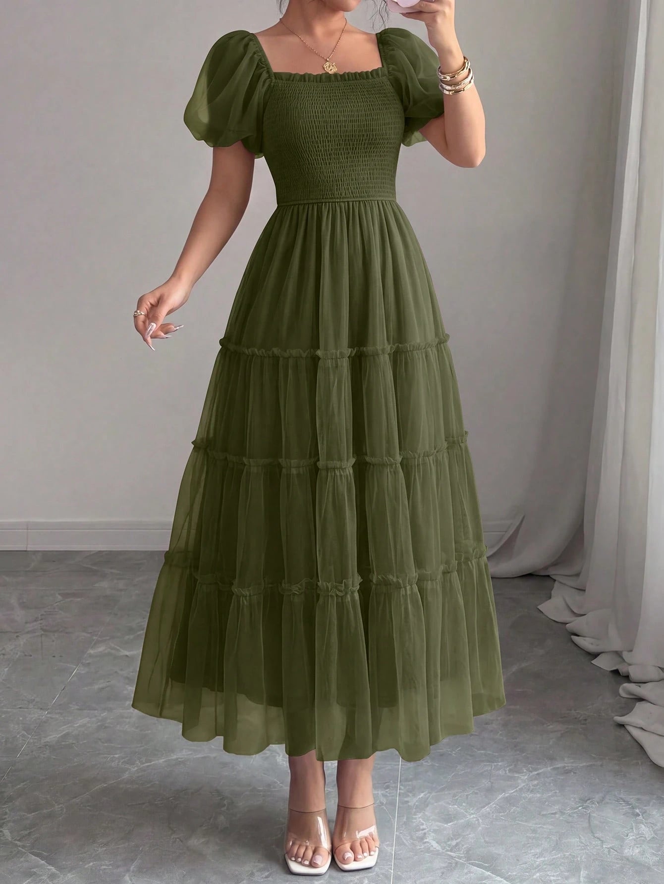 PRETTYGARDEN Women's Summer Smocked Midi Tulle Dress Puffy Short