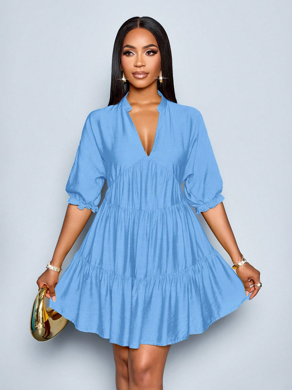 SOLERSUN Elegant Mustard Yellow Summer Dress,Women's Casual V-Neck Babydoll Mini Dress,Solid Color A-Line - image 13