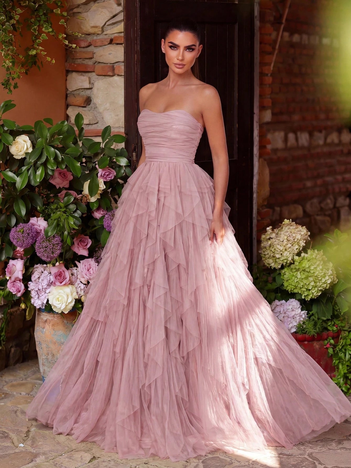 Faeriesty Romantic Strapless Bridal Dress, Layered Ruffle Tulle