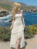 Skyraze Women's Elegant Fairy Cream White Summer Jacquard Ruffle Hem