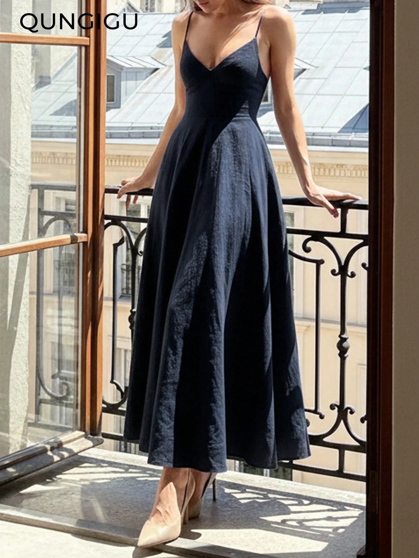 QUNGIGU Women's Elegant Spaghetti Strap Midi Dress V-Neck Linen