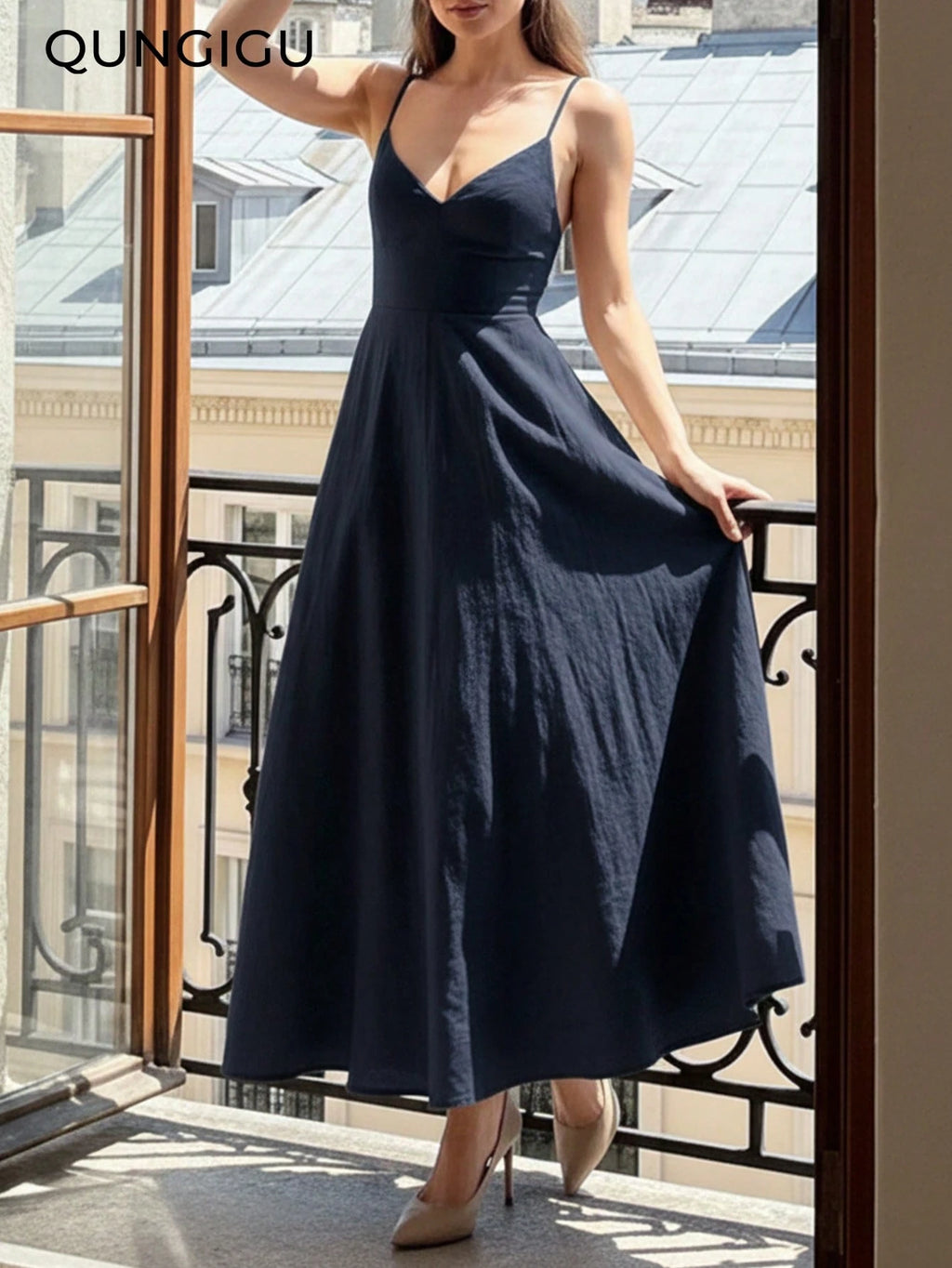 QUNGIGU Women's Elegant Spaghetti Strap Midi Dress V-Neck Linen Textured Backless High Waist Summer Beach - image 13