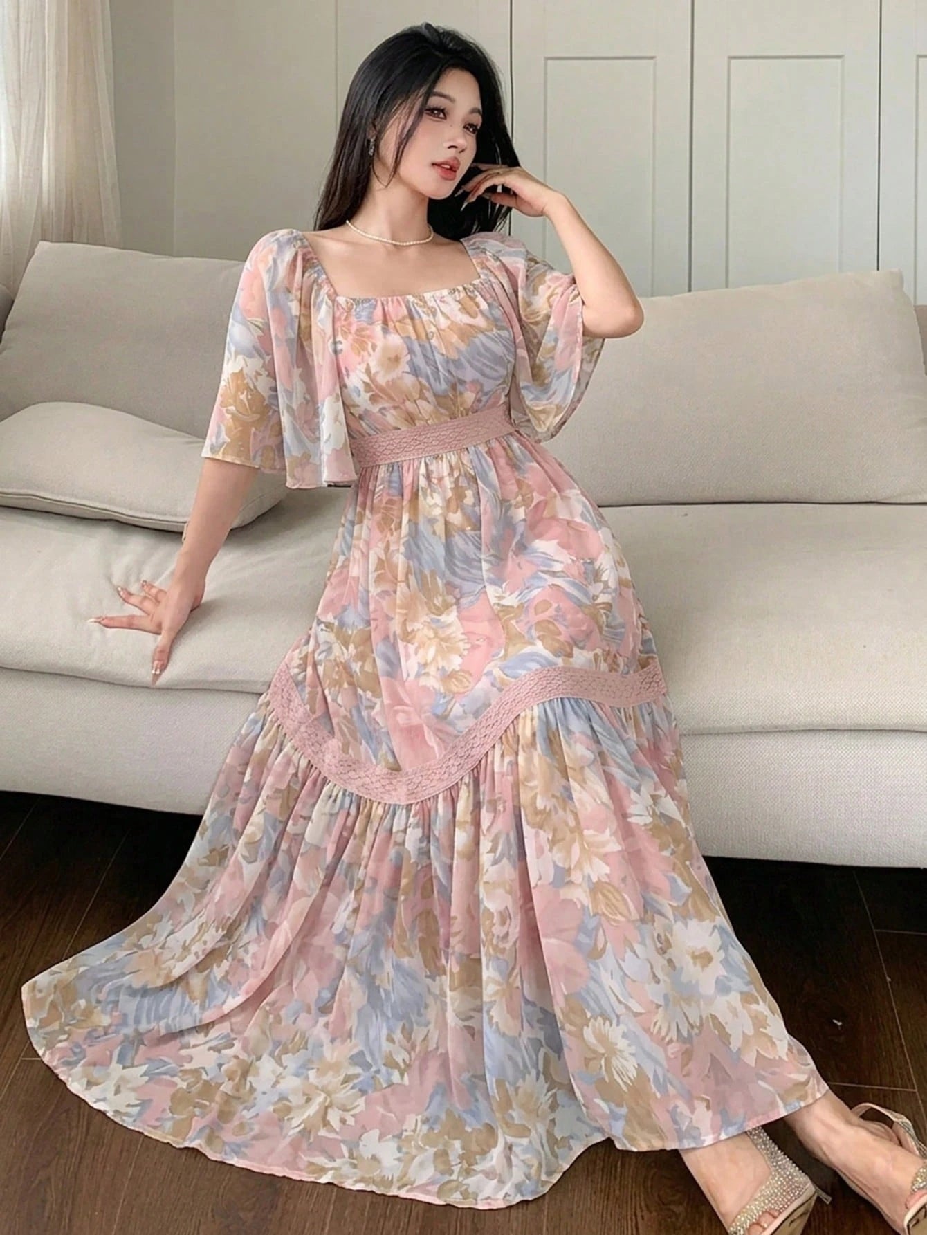DAZY Contrast Color Lace Full Floral Print Mid-Length Dress For Women