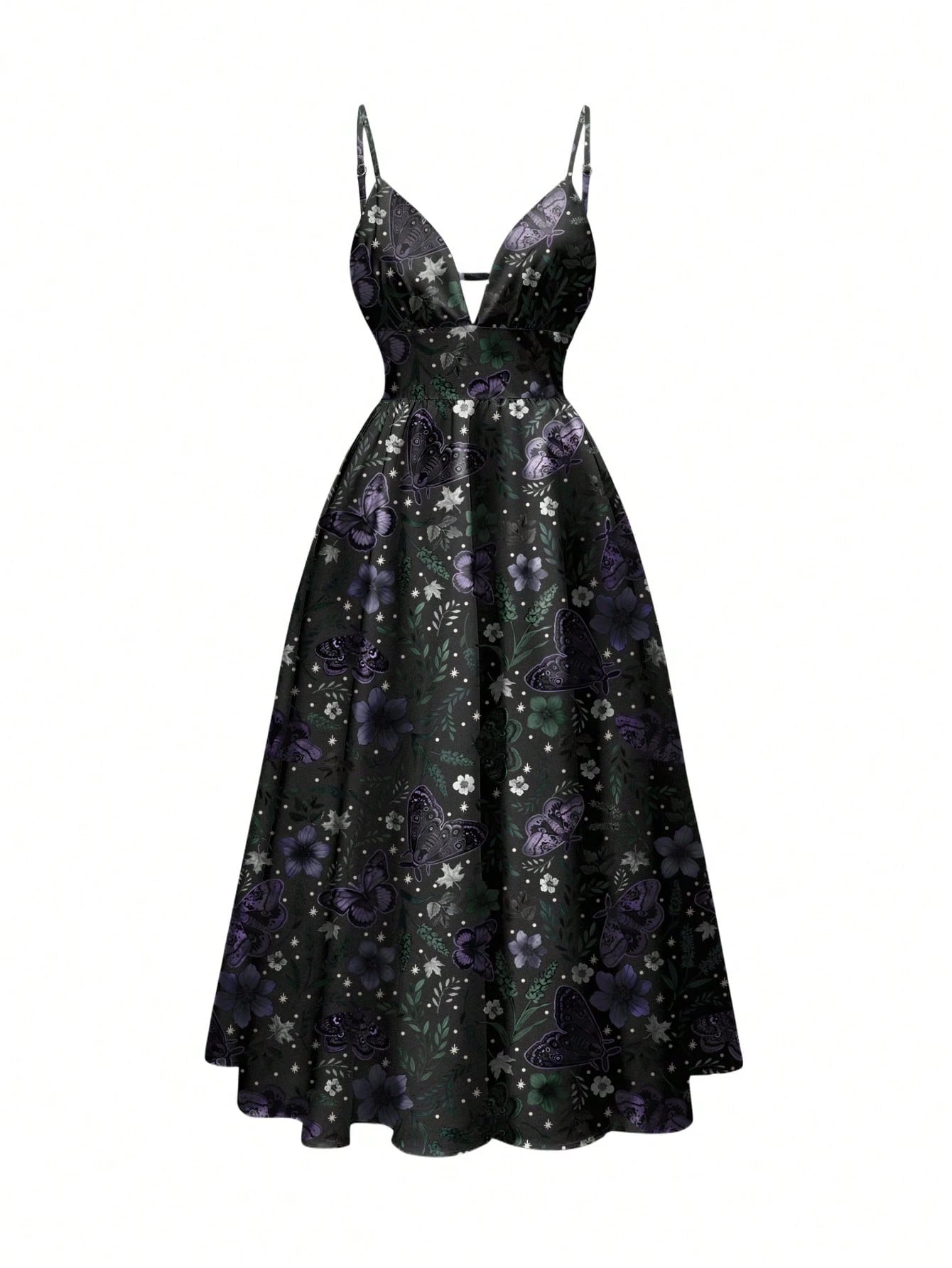 Fairycore Spring/Summer Vacation Flower Black Romantic Bohemian Butterfly, Moth, Leaf Print Sleeveless - image 13