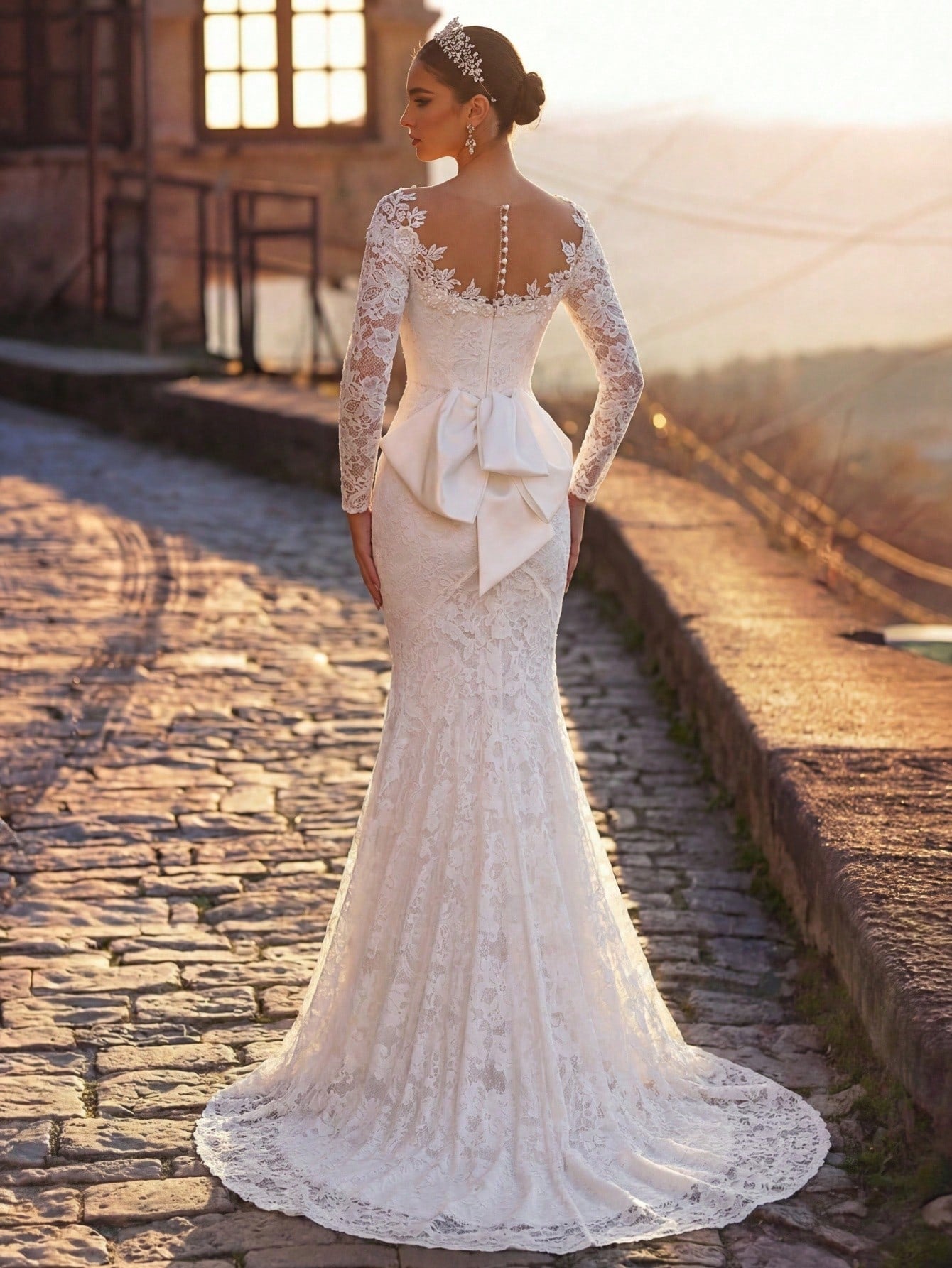 Glamrae Petite White Winter Elegant Silky Wedding Dress Petite Fit 150-160cm Full Lace Floral Sheer Long