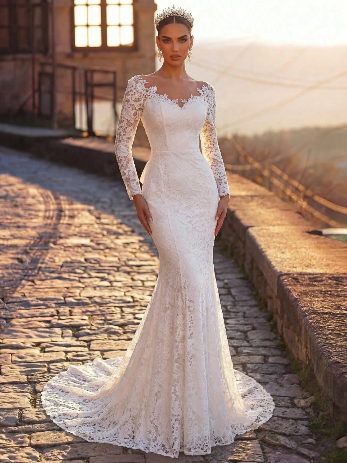 Glamrae Petite White Winter Elegant Silky Wedding Dress Petite Fit 150-160cm Full Lace Floral Sheer Long - image 3