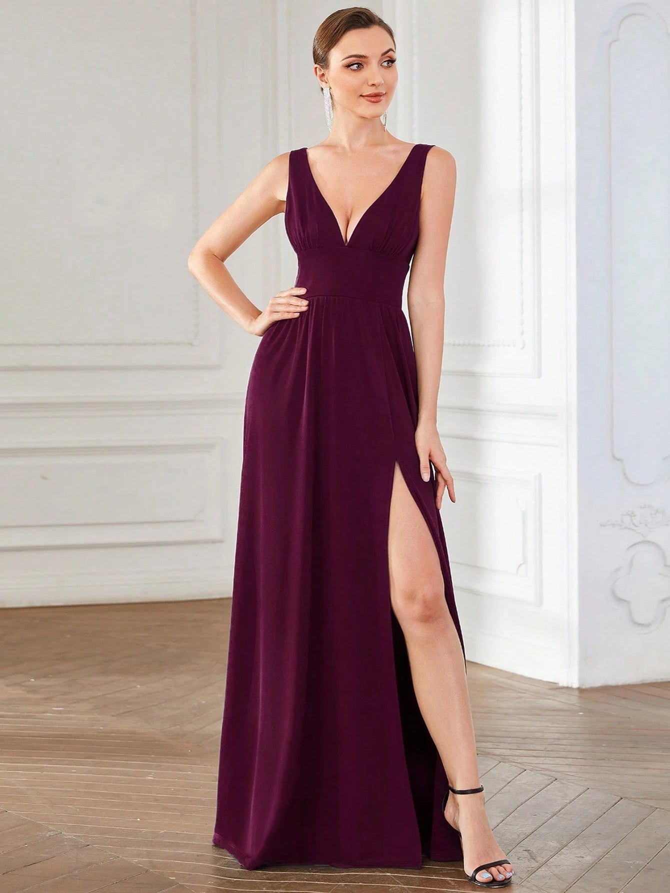 EVERPRETTY Sexy V-Neck Slit Orange Bridesmaid Dress, Elegant Wedding