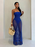 BamGlam Women's Crochet Mesh Tassel Hem Dress,Fake Two-Piece Jumpsuit