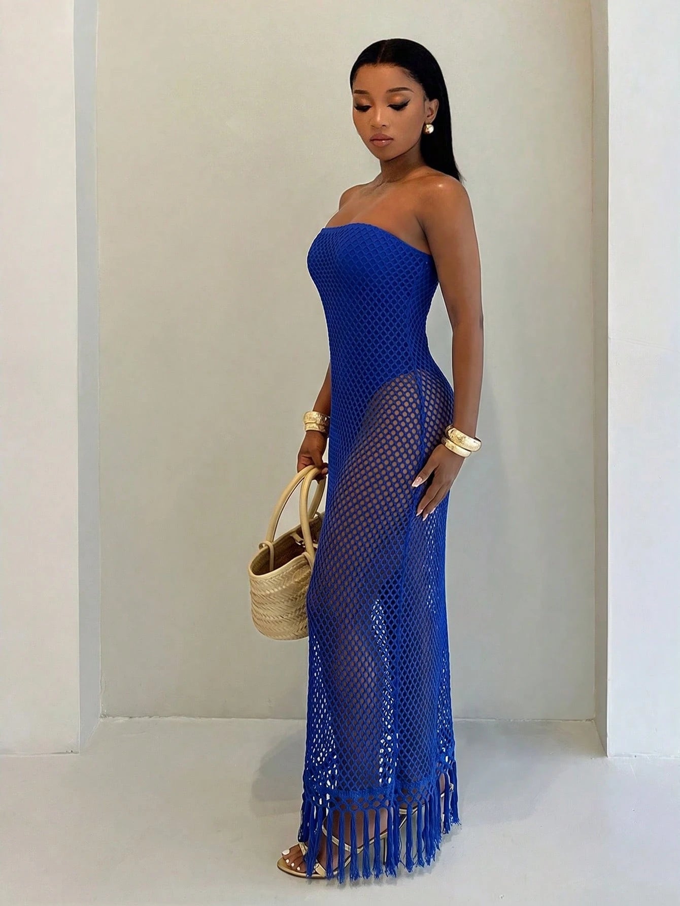BamGlam Women's Crochet Mesh Tassel Hem Dress,Fake Two-Piece Jumpsuit