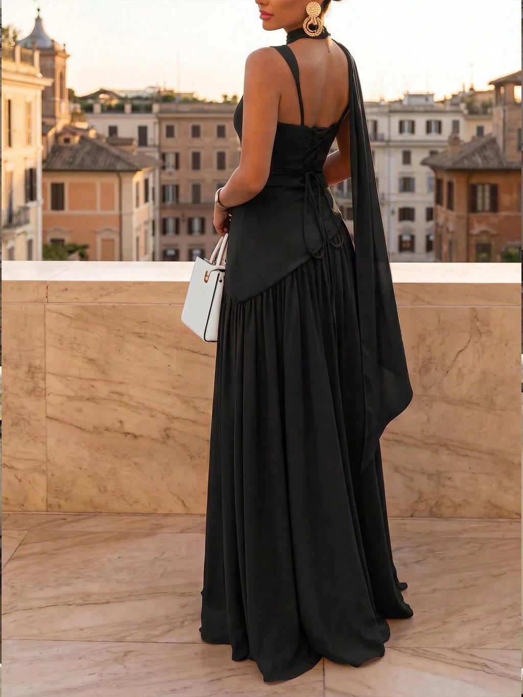 Women's Solid Color Square Neck Backless Tie Ruffle Hem Sexy Vacation
