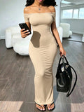 INAWLY Solva Women's Solid Color Off-Shoulder Ruched Waist Elegant Party Dress