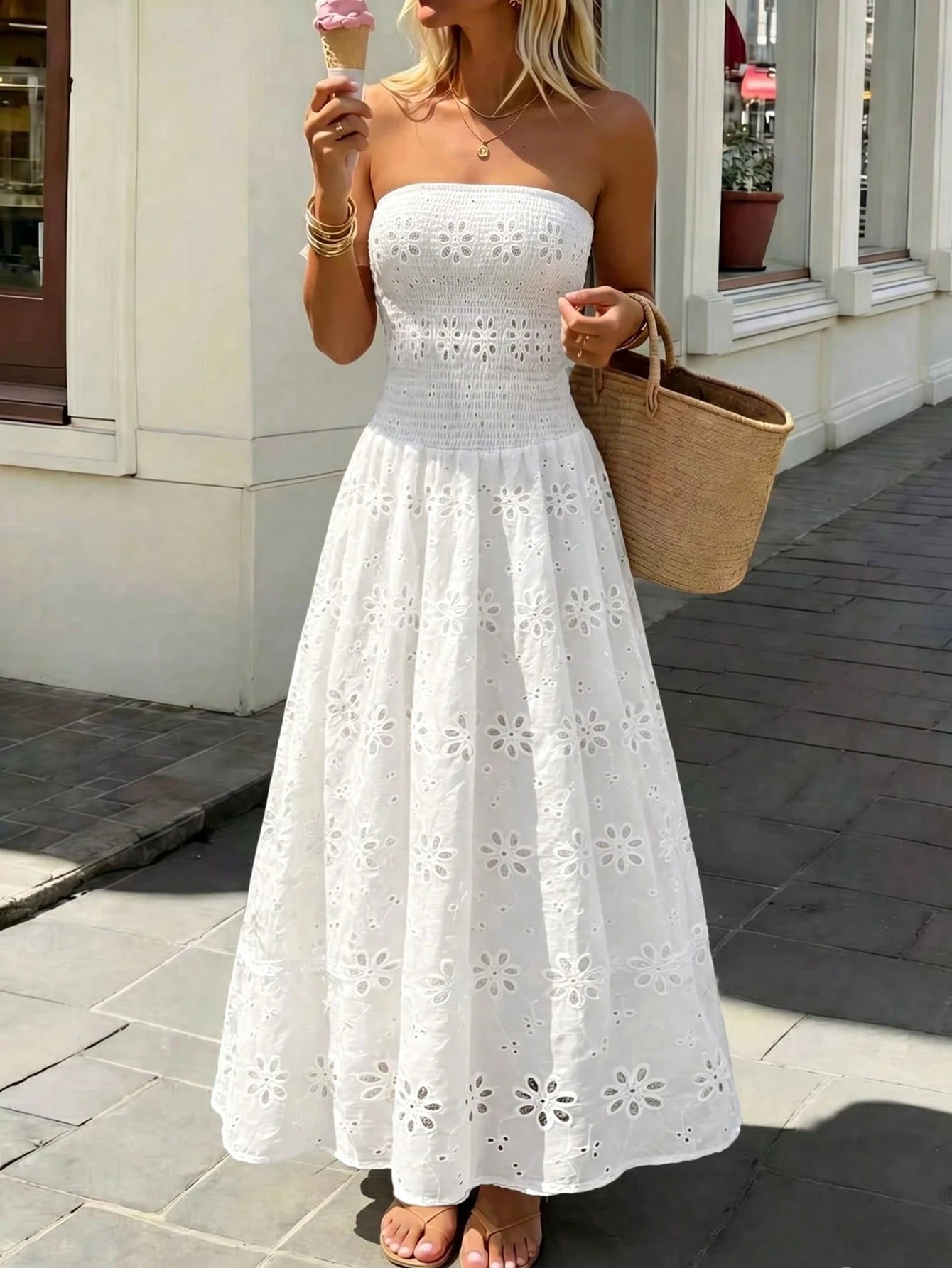 PariChic Women's French Style White Floral Embroidered Spaghetti Strap Dress,Summer Tropical Holiday Vacation