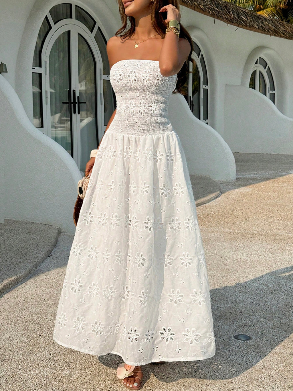 PariChic Women's French Style White Floral Embroidered Spaghetti