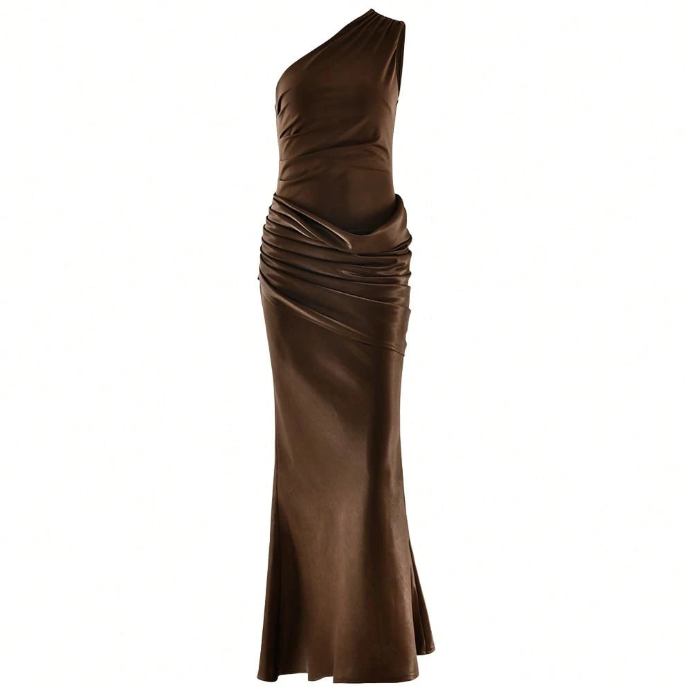 Elegant Satin Patchwork One-Shoulder Dress, Fashionable For Outings, Weddings, Parties, And Clubs, - image 7