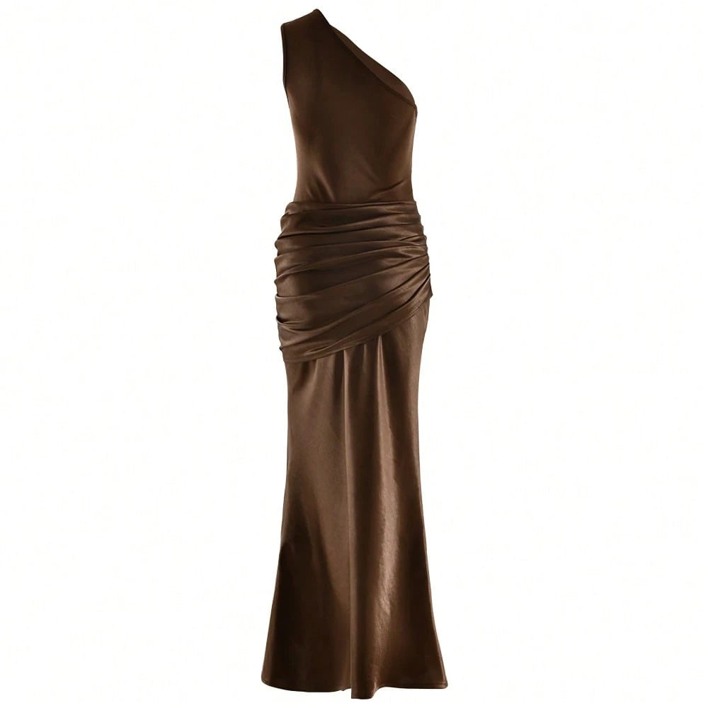 Elegant Satin Patchwork One-Shoulder Dress, Fashionable For Outings, Weddings, Parties, And Clubs, - image 8
