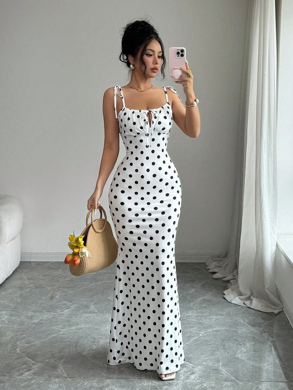 Rafferiza Women's Contrast Color Polka Dot Print Spaghetti Strap Dress