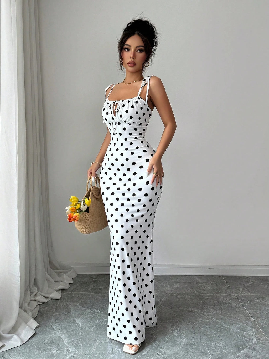 Rafferiza Women's Contrast Color Polka Dot Print Spaghetti Strap Dress