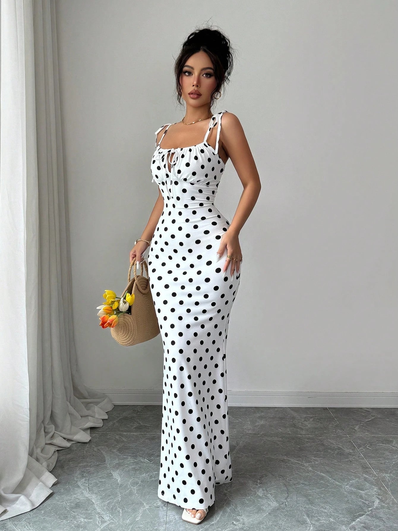 Rafferiza Women's Contrast Color Polka Dot Print Spaghetti Strap Dress