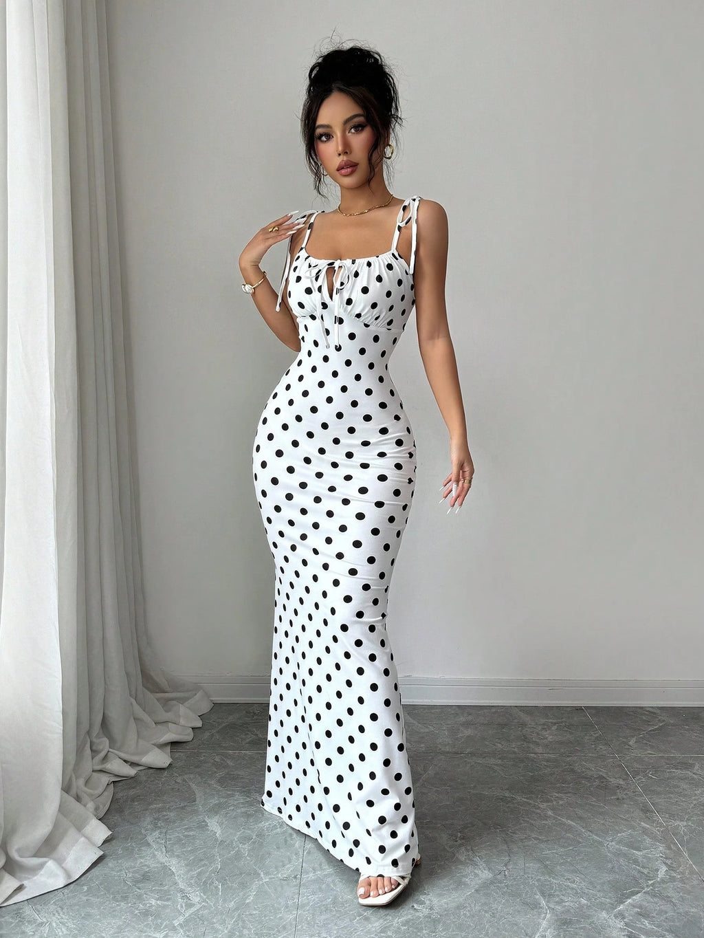 Rafferiza Women's Contrast Color Polka Dot Print Spaghetti Strap Dress