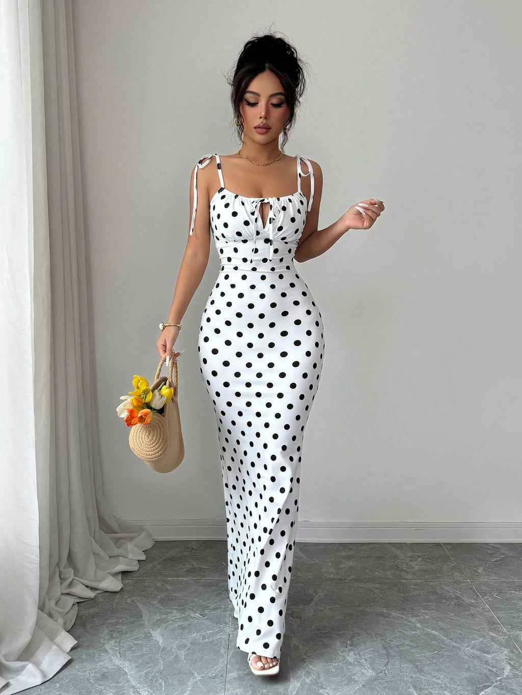 Rafferiza Women's Contrast Color Polka Dot Print Spaghetti Strap Dress