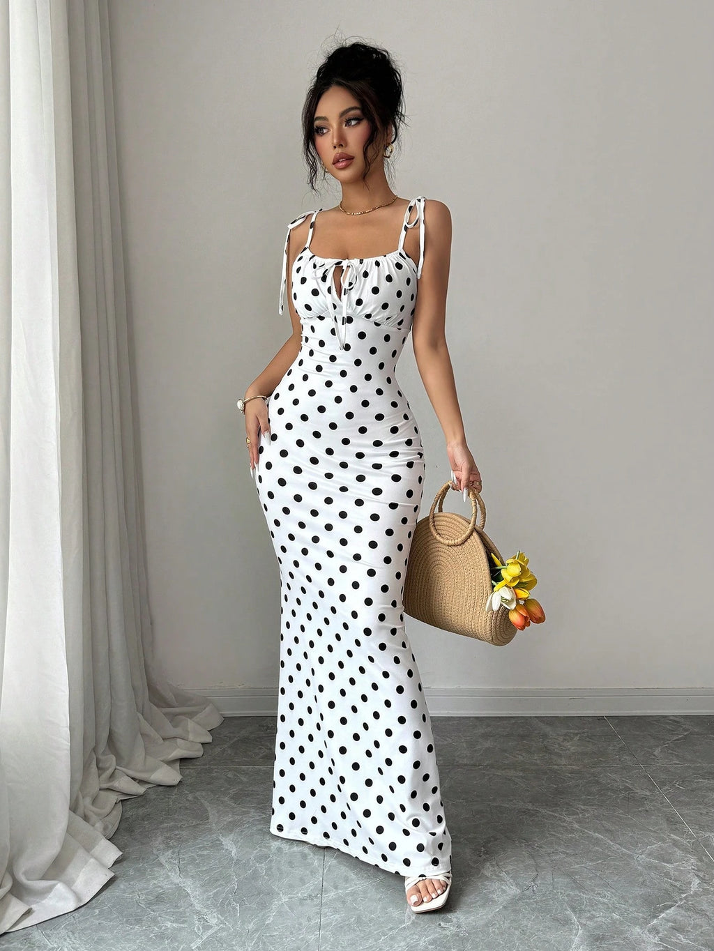 Rafferiza Women's Contrast Color Polka Dot Print Spaghetti Strap Dress
