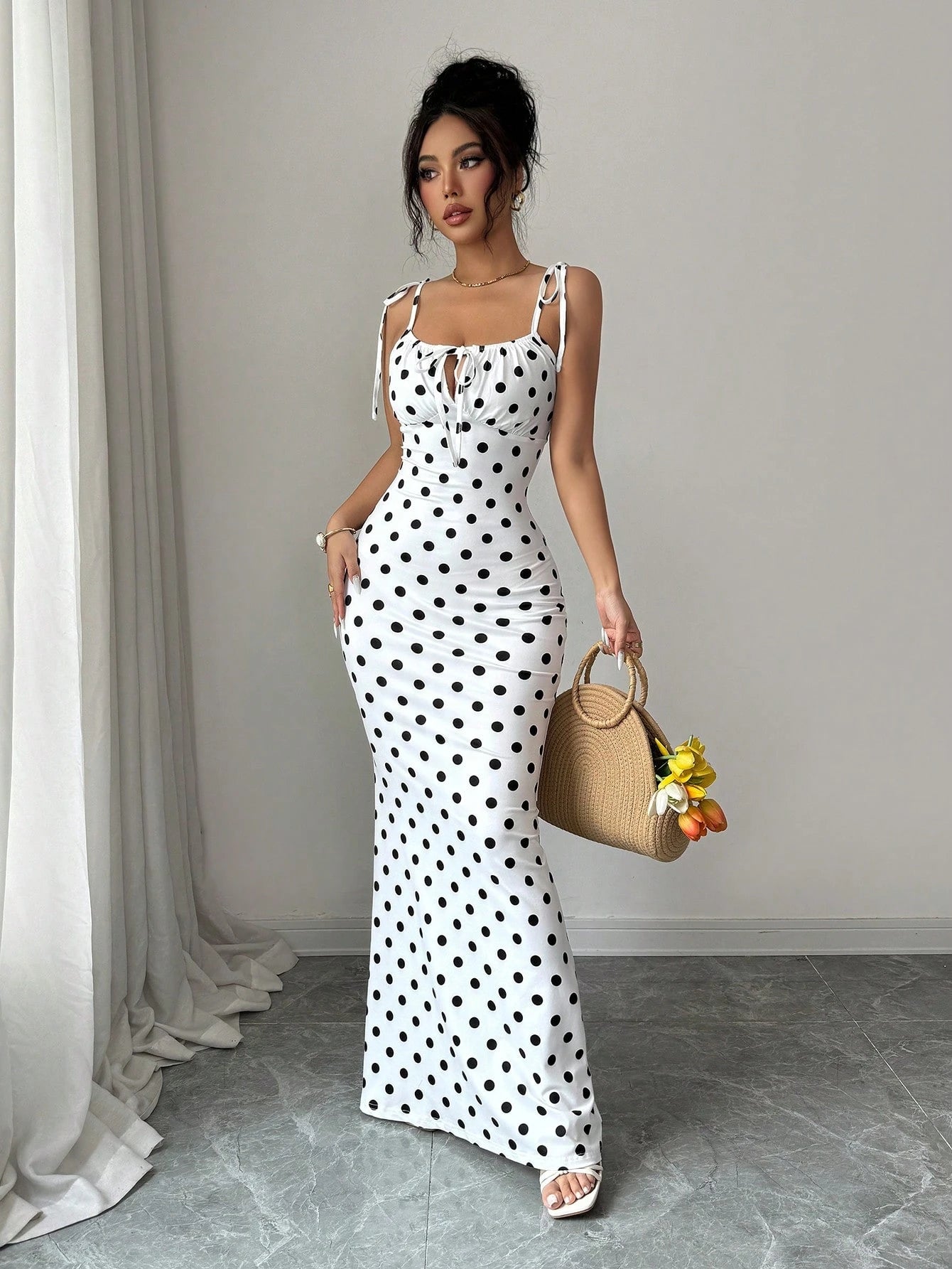 Rafferiza Women's Contrast Color Polka Dot Print Spaghetti Strap Dress