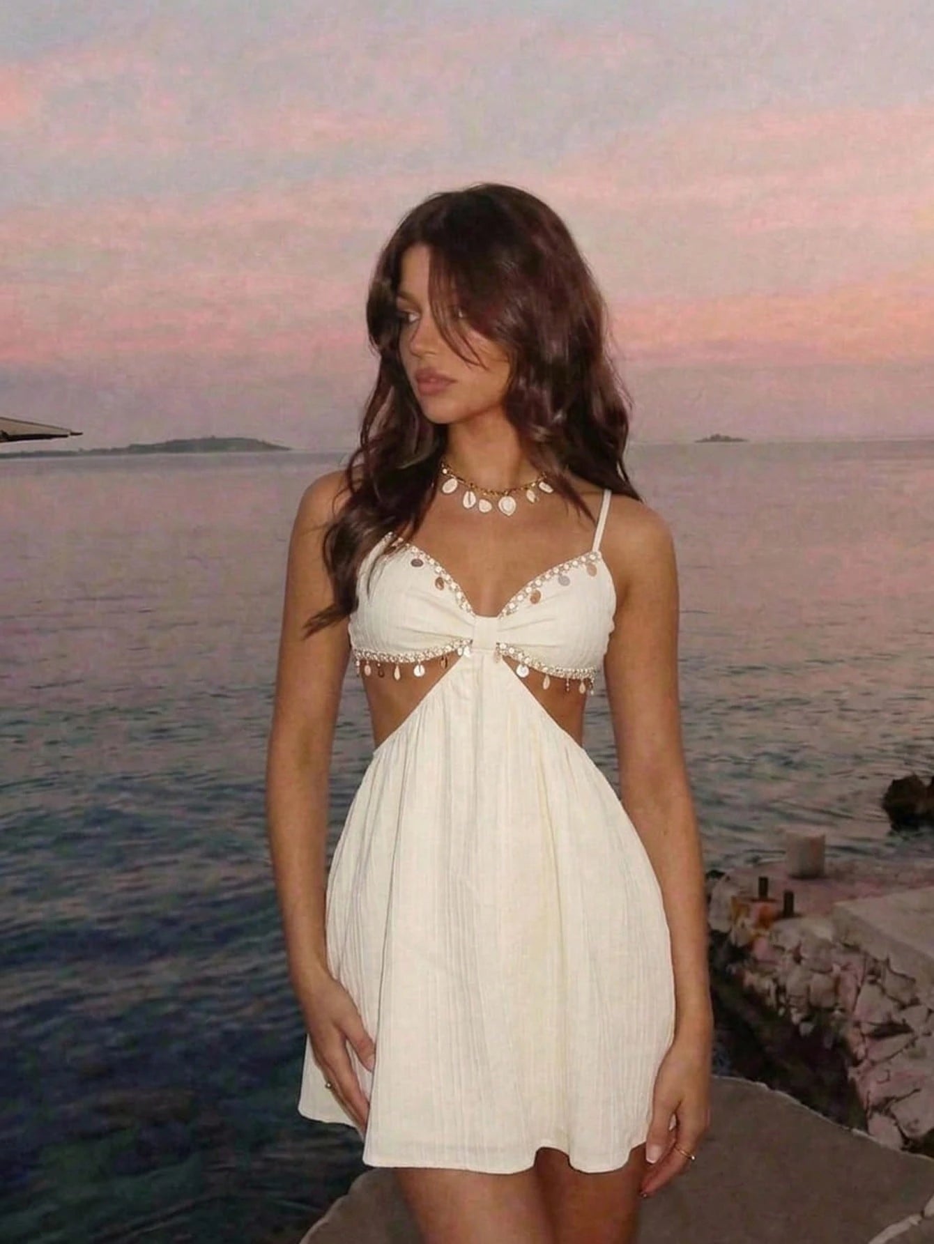 Skyraze Women's Cream White Shell Trim Cutout Waist Cami Mini Dress,Summer,Boho,Beach - image 2