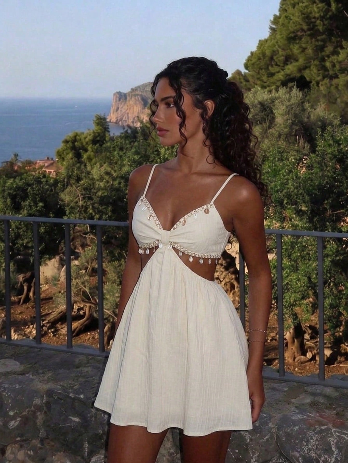 Skyraze Women's Cream White Shell Trim Cutout Waist Cami Mini Dress,Summer,Boho,Beach - image 3
