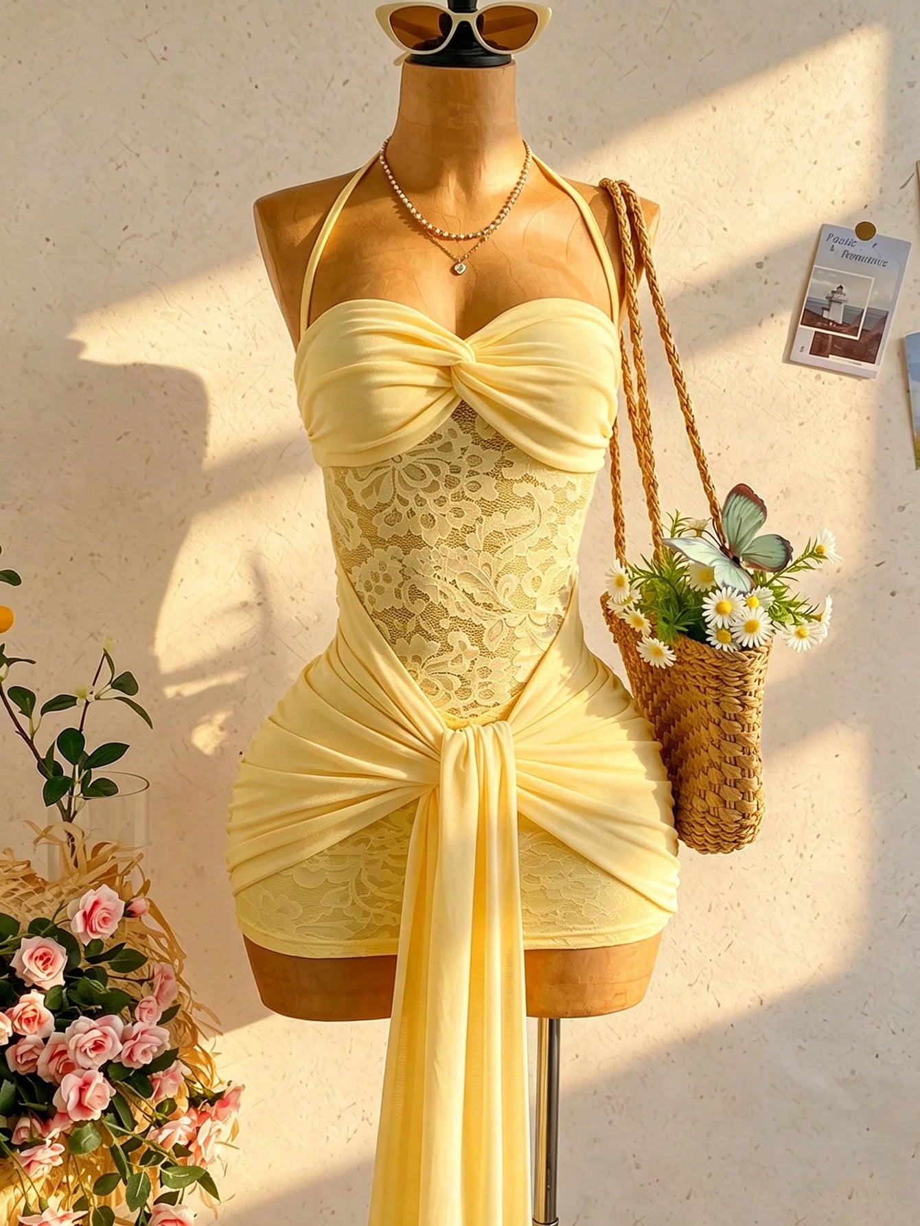 Soleia Women's Vacation Beach Solid Color Lace Patchwork Backless