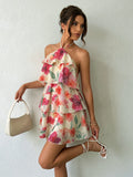 Floral Print Spaghetti Strap Mini Dress - Pink/Red/Orange/Purple Flowers, Green Leaves, Layered Ruffle Hem,