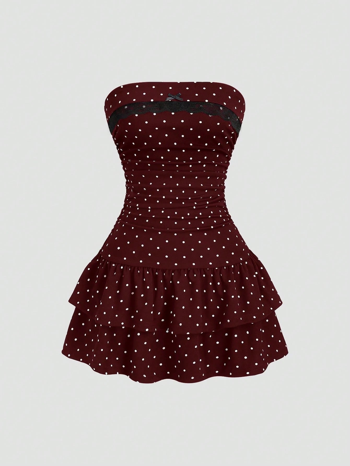 Sweetra Black And White Polka Dot Summer Cute Picnic Dress,French Strapless Bodycon Cinched Waist Tiered Hem - image 11