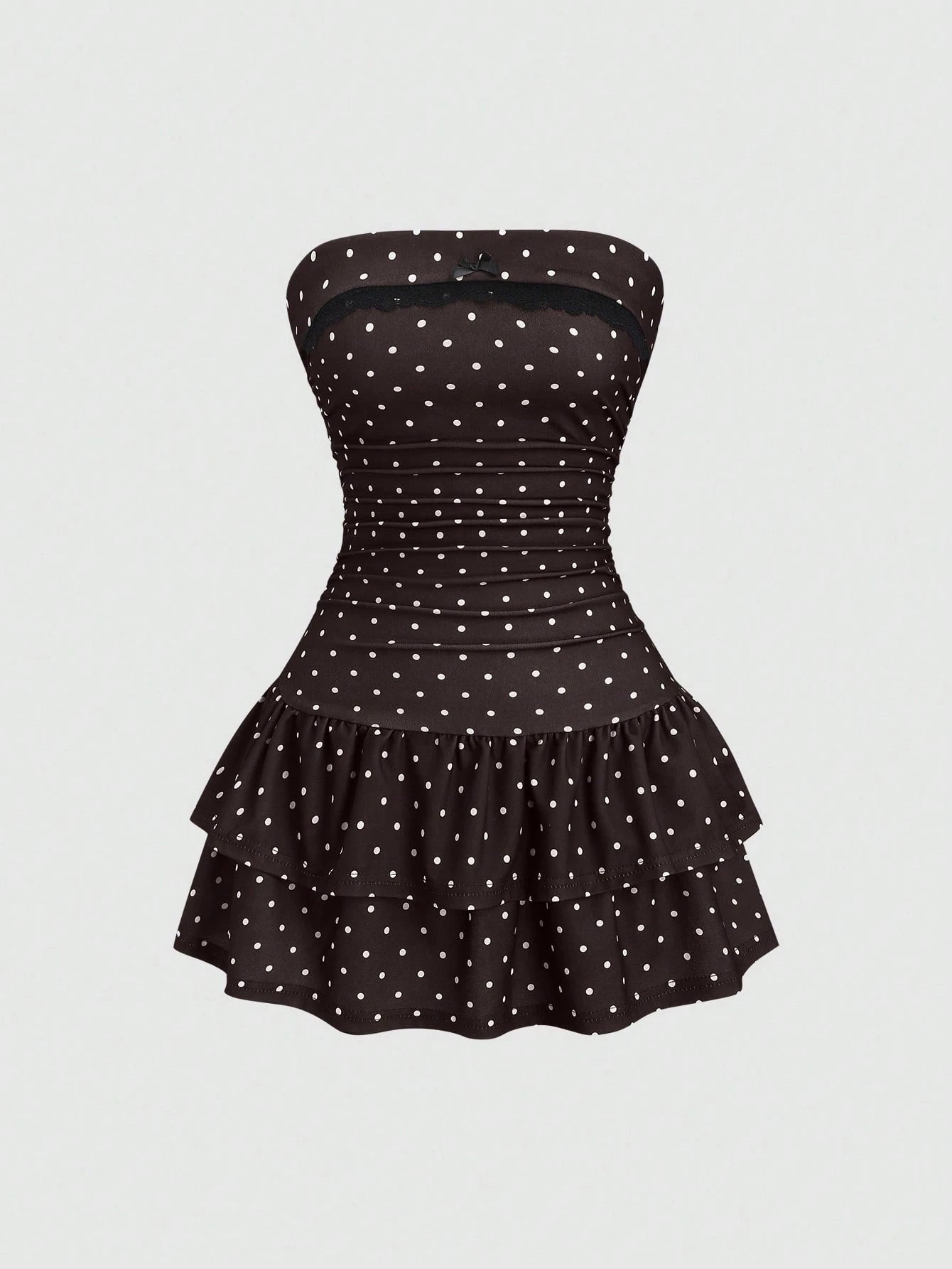 Sweetra Black And White Polka Dot Summer Cute Picnic Dress,French Strapless Bodycon Cinched Waist Tiered Hem - image 17