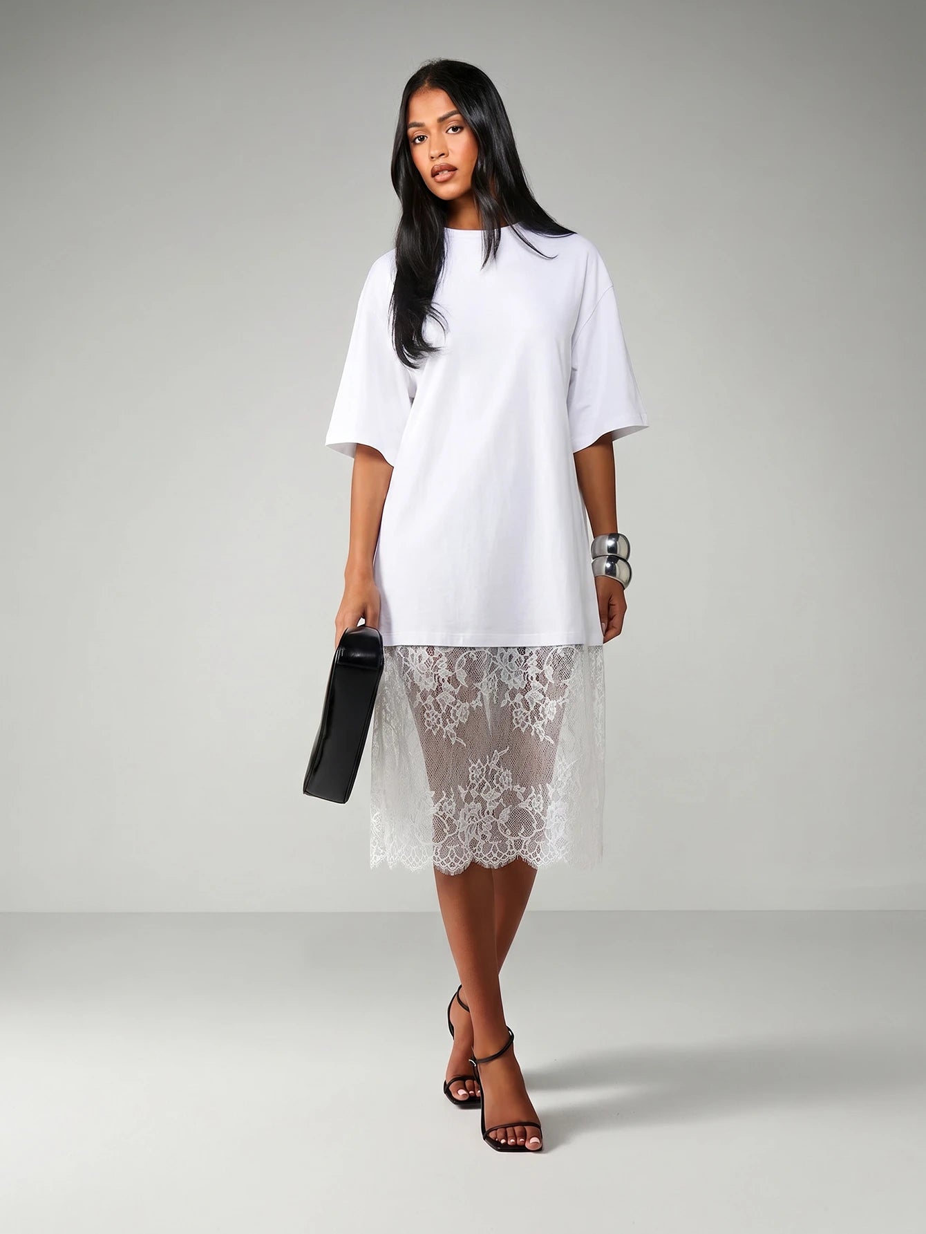MISSGUIDED Oversized T-Shirt Style Midi Dress With Sheer Lace