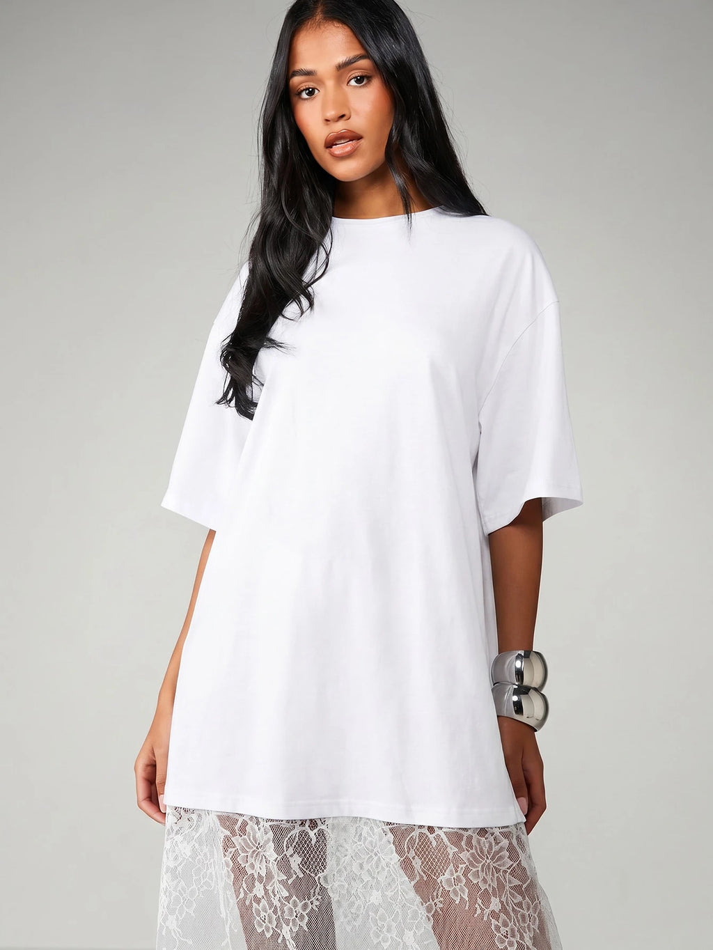 MISSGUIDED Oversized T-Shirt Style Midi Dress With Sheer Lace