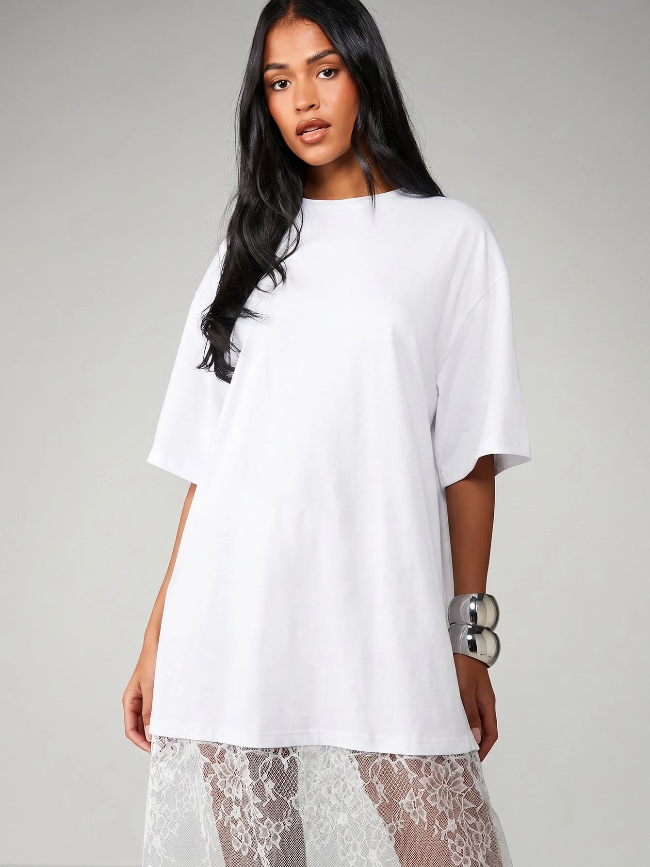 MISSGUIDED Oversized T-Shirt Style Midi Dress With Sheer Lace