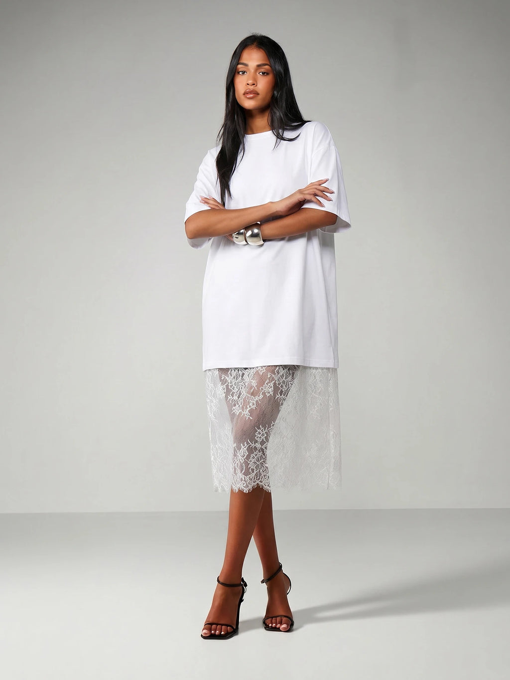 MISSGUIDED Oversized T-Shirt Style Midi Dress With Sheer Lace