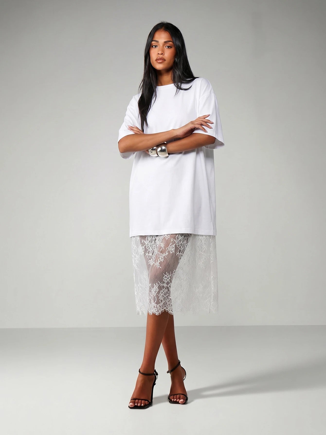 MISSGUIDED Oversized T-Shirt Style Midi Dress With Sheer Lace
