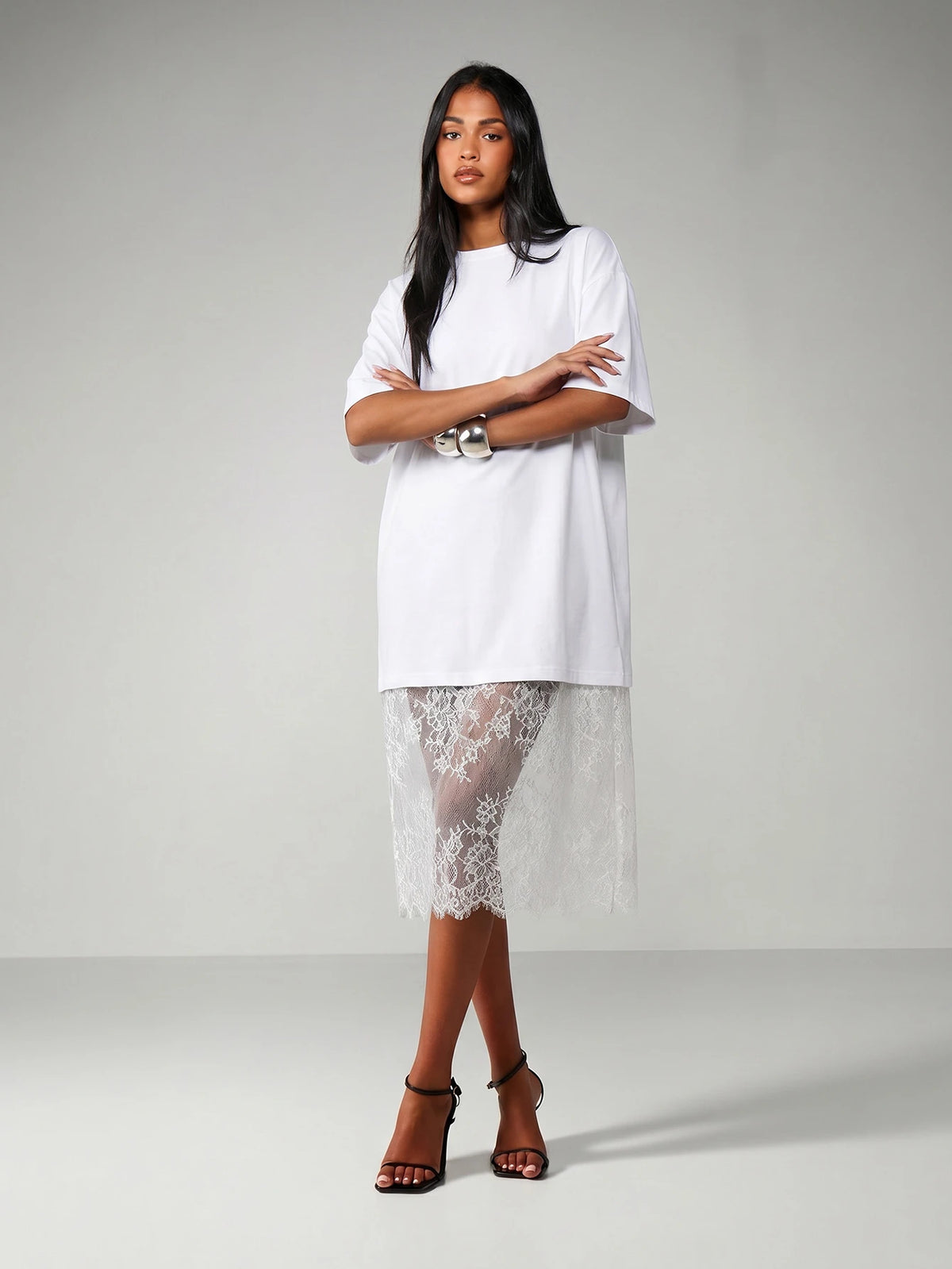 MISSGUIDED Oversized T-Shirt Style Midi Dress With Sheer Lace Scalloped Hem Detail - image 11