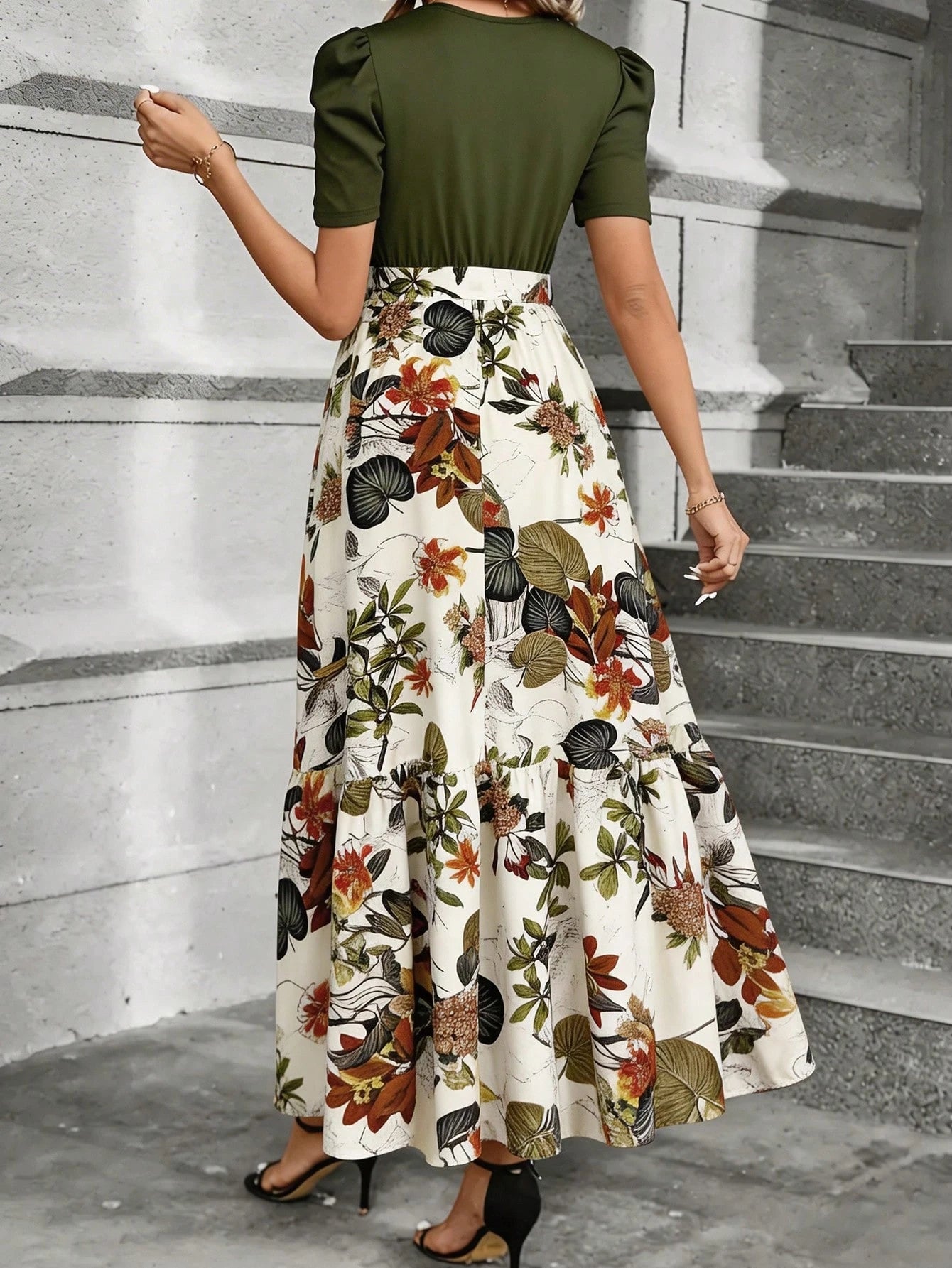 Women's Elegant A-Line Geometric Print Midi Dress With Petal Sleeve Design And Bow Decor Round Neck Vacation - image 3