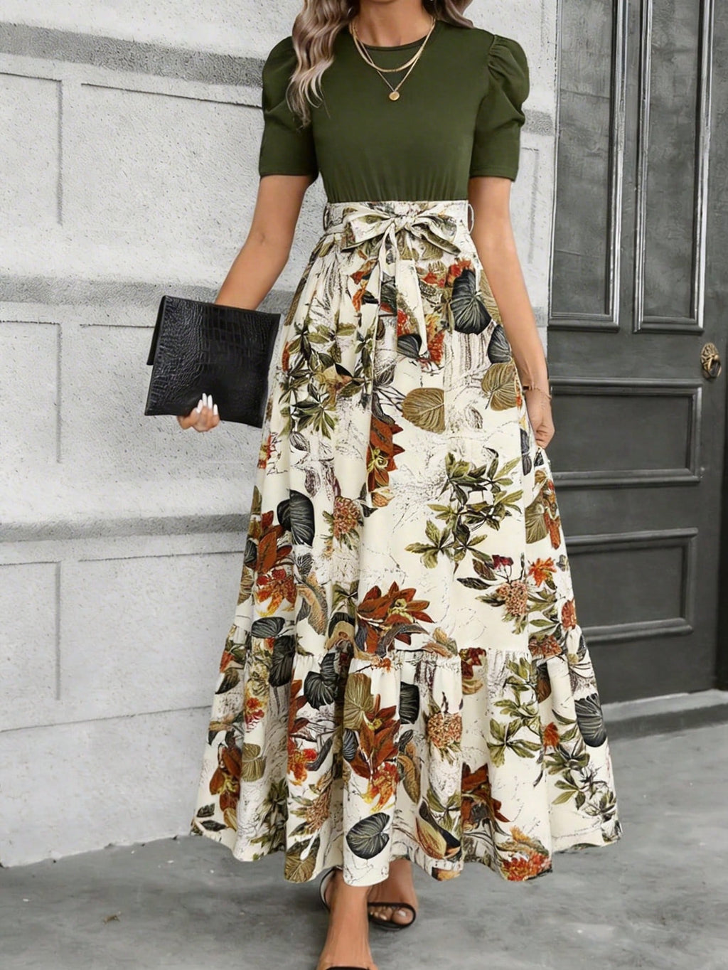 Women's Elegant A-Line Geometric Print Midi Dress With Petal Sleeve
